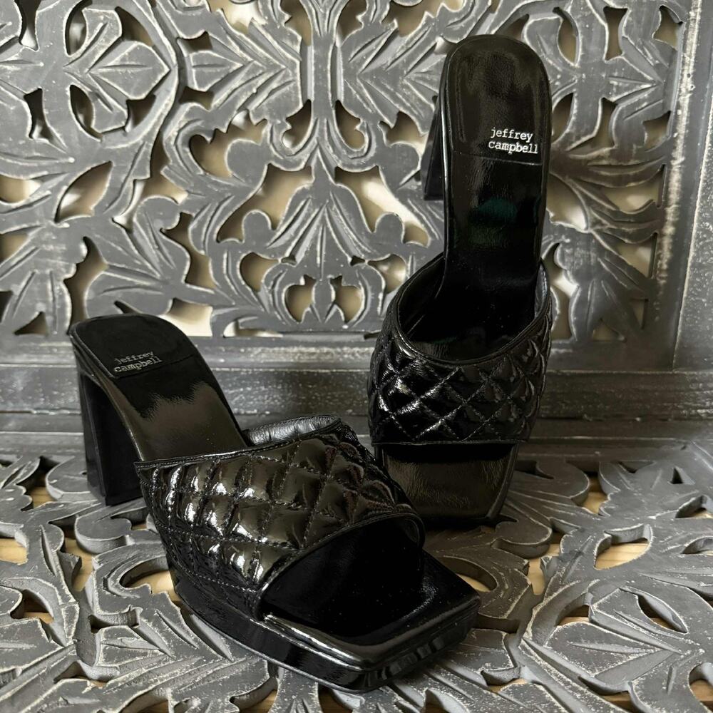 Jeffrey Campbell Nana Quilted Platform Mule Black Crinkle Patent Women’s Size 10